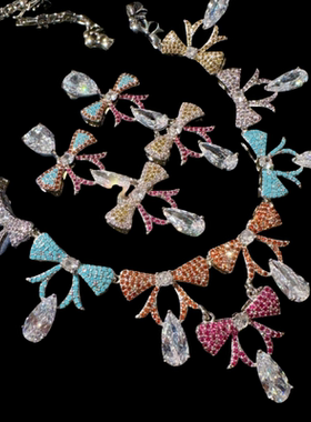 维也纳宫廷彩虹蝴蝶结水滴宝石项链 Vintage阿盖尔粉蝴蝶流苏耳环