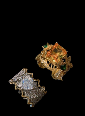 蕾丝蜂巢大克拉宝石戒指 古董感 镀18K金 暮光黄锆石雕纹戒指百搭