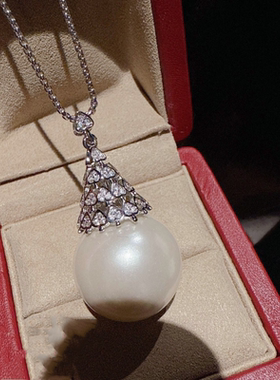 珠宝 鸟巢蜂窝爆闪大珍珠龙鳞宝石项链 塔希提 雪塔锆石贝珠项链