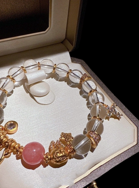 古法花丝珐琅彩蝴蝶滴釉手链 新中式 白阿塞水晶盘缠手串 虎眼