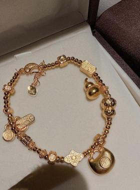 古法金色錾雕铜钱貔貅宝石项链