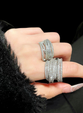 古巴比伦冰糖缠绕宝石戒指 星河璀璨镀18K金多层线条锆石戒指组合