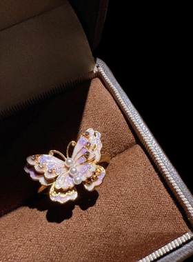 古法花丝螺钿 流光珐琅彩蝴蝶戒指 玲珑花蝶花藤排列锆石戒指套装