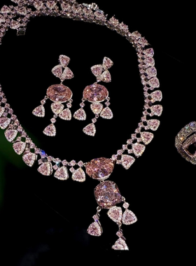 粉黛星穹奢华芍药粉大咪数宝石项链 高定珠宝 蛋形粉水滴耳环套装