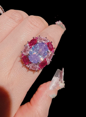 珠宝 卢比莱碧玺粉水滴大宝石戒指 晚宴高定垫色莲花蛋形闪钻戒指