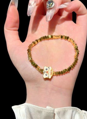 织纹雕金富贵花几何手链古董感镀18K金小金珠狮子手串叠戴百搭