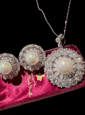 意大利奢华繁花宝石珍珠项链Vintage几何大锆石波光贝珠项链耳环