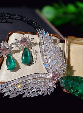 菠菜绿水滴翅膀宝石项链 富婆的快乐 镀18K金 光芒花瓣锆石 耳环