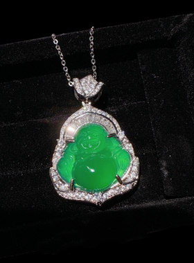 珠宝   马料绿玉髓玛瑙佛公吊坠项链 国风媲美翡翠弥勒佛项链