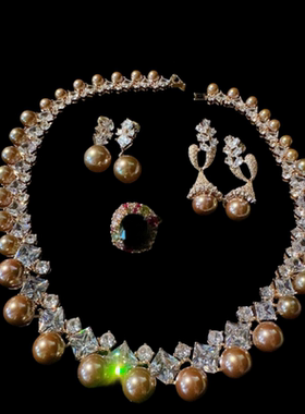 落日熔金焦糖珍珠宝石项链 星河璀璨 深海贝珠大克拉锆石颈链耳环