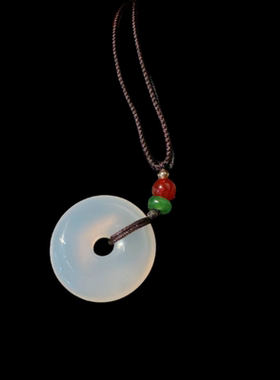 荔枝冻白玉髓平安扣项链 水灵水灵冰透白玉髓玛瑙平安扣手链 朱砂