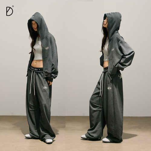 SMILE DDD双腰头套装280g美式宽松裤脚调节卫裤休闲运动开衫卫衣 - 图0