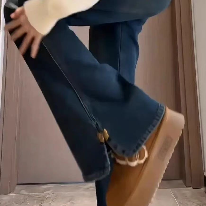 2025新款中大童女童裤子冬装加绒牛仔长裤儿童舒适喇叭裤保暖时尚 - 图2