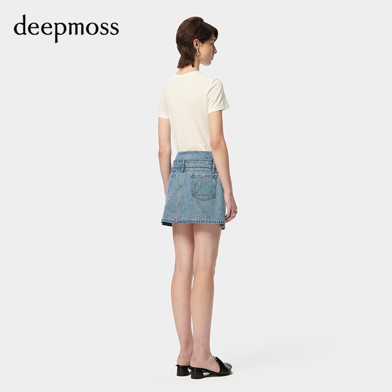 【deepmoss】2024春夏新款时尚休闲气质撞色贴袋牛仔短裙A字裙女 - 图1