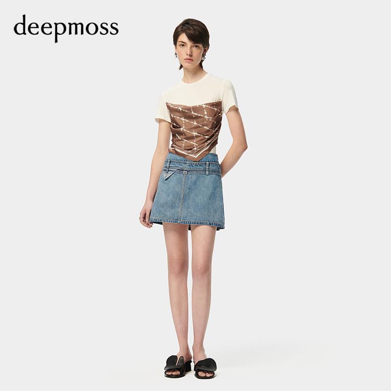 【deepmoss】2024春夏新款时尚休闲气质撞色贴袋牛仔短裙A字裙女 - 图0