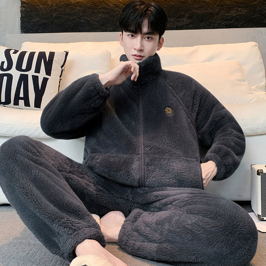 New autumn and winter snowflake velvet can be worn outside men's large size loose plus velvet thickened warm velvet warm home wear pajamas set