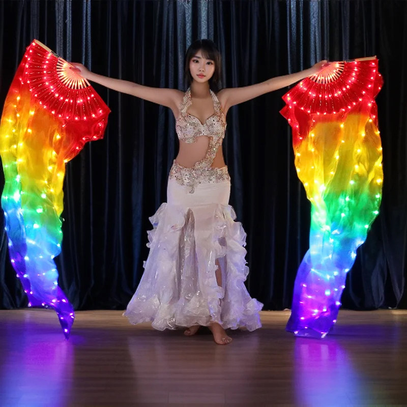 舞娘长绸渐变led发光扇子舞蹈扇肚皮舞道具酒吧表演多色真丝扇子,淘宝优惠券,粉丝福利购,淘宝优惠卷