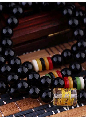 多圈天然黑曜石六字真言佛珠手链