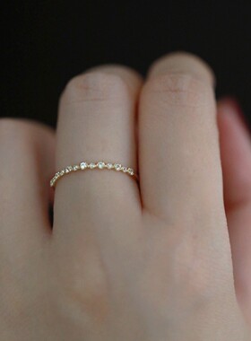 S925纯银镀14K金唯美排钻气质锆石戒指指环精致甜美叠戴