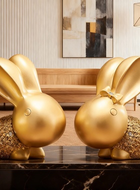 新中式轻奢金色兔子立体摆件