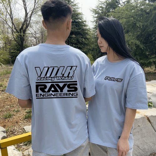 新款RAYS轮圈改装车短袖t恤衫男女纯棉半截袖体恤夏圆领上衣服 - 图1