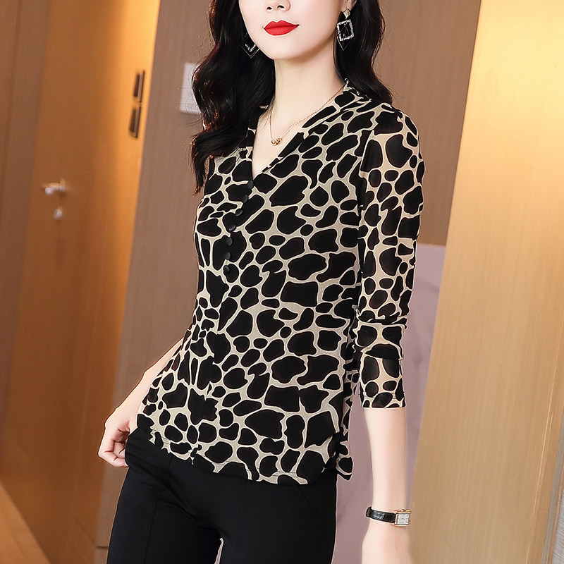 显瘦豹纹蕾丝雪纺衫修身洋气打底衫 inspot印点服饰T恤