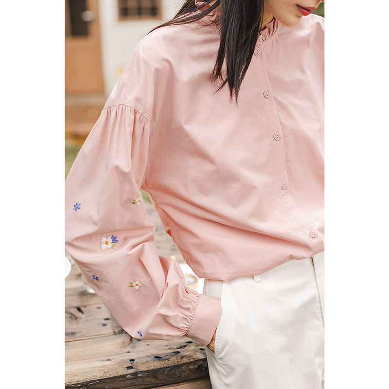 茵曼2020新款春秋款泡泡袖立领衬衫 茵曼翰飞衬衫