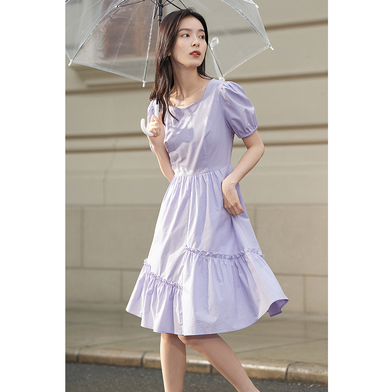 茵曼法式方领茶系女泡泡袖夏连衣裙 茵曼翰飞连衣裙
