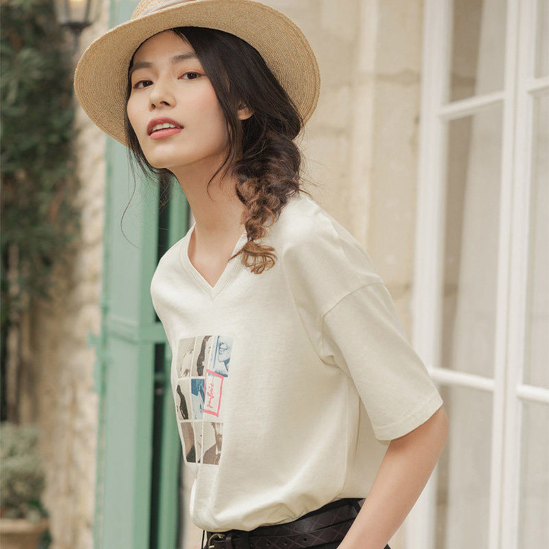 茵曼大领口v领短袖女宽松体恤t恤 茵曼翰飞T恤