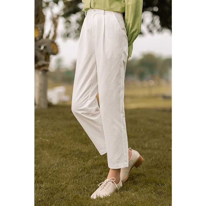 茵曼旗舰白色小直筒九分裤休闲裤 茵曼翰飞休闲裤