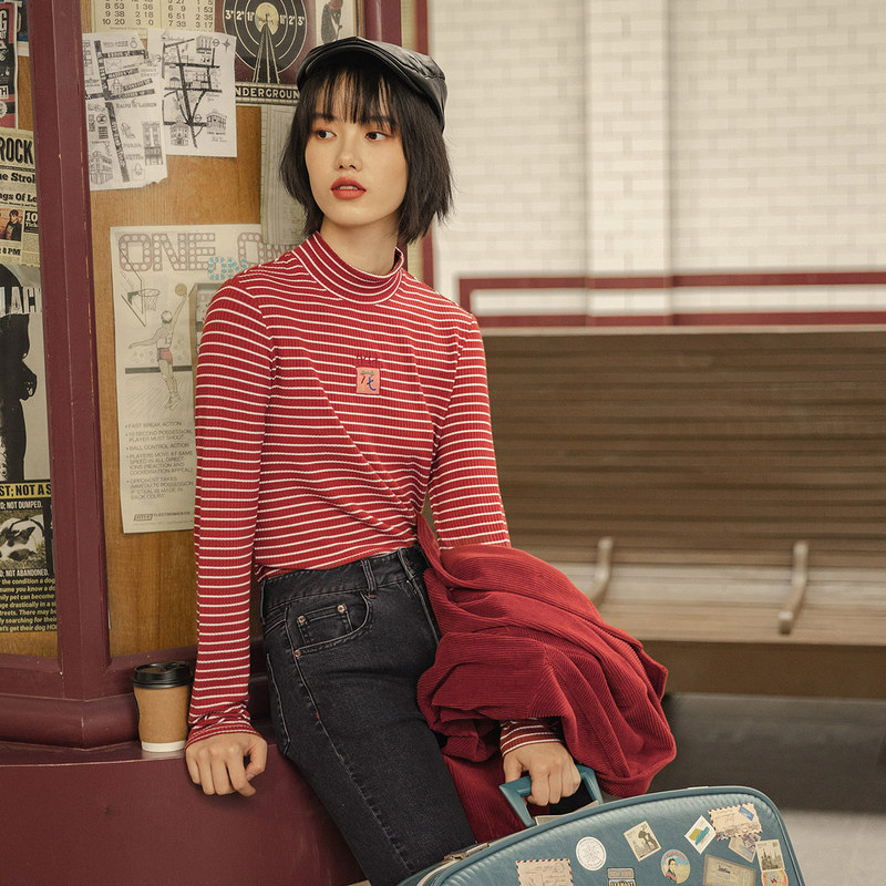 茵曼2020年秋装新款半高领打底衫 茵曼翰飞T恤