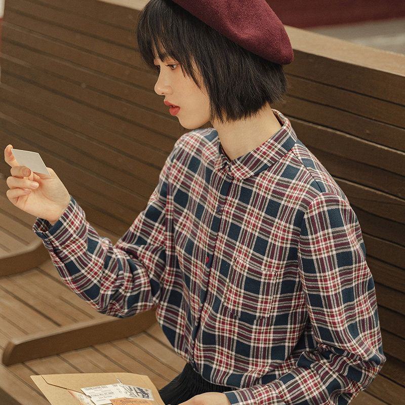 茵曼旗舰茵蔓春秋季娃娃领格子衫 茵曼翰飞衬衫