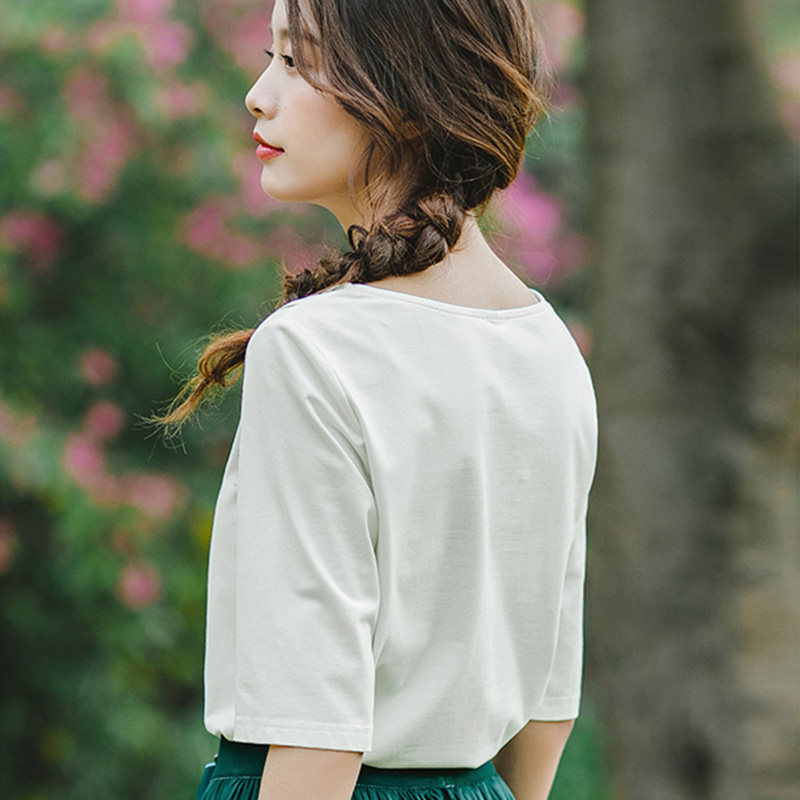 茵曼旗舰店春夏季女装短袖u领t恤 茵曼翰飞T恤