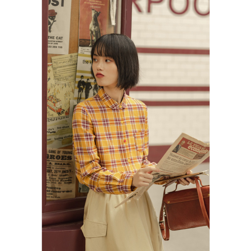 茵曼旗舰茵蔓春秋季娃娃领格子衫 茵曼翰飞衬衫