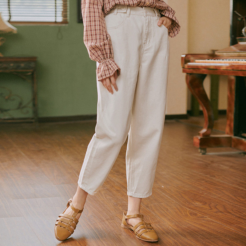 茵曼奶奶裤奶白色九分牛仔裤女宽松 茵曼翰飞牛仔裤