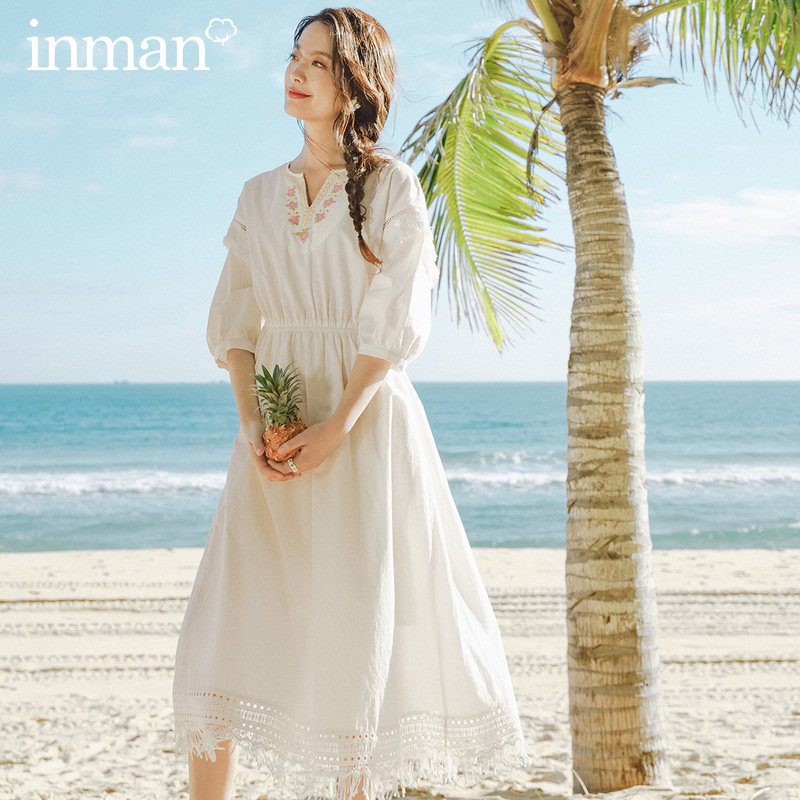 茵曼泡泡袖甜美夏季森系脚踝连衣裙 茵曼翰飞连衣裙