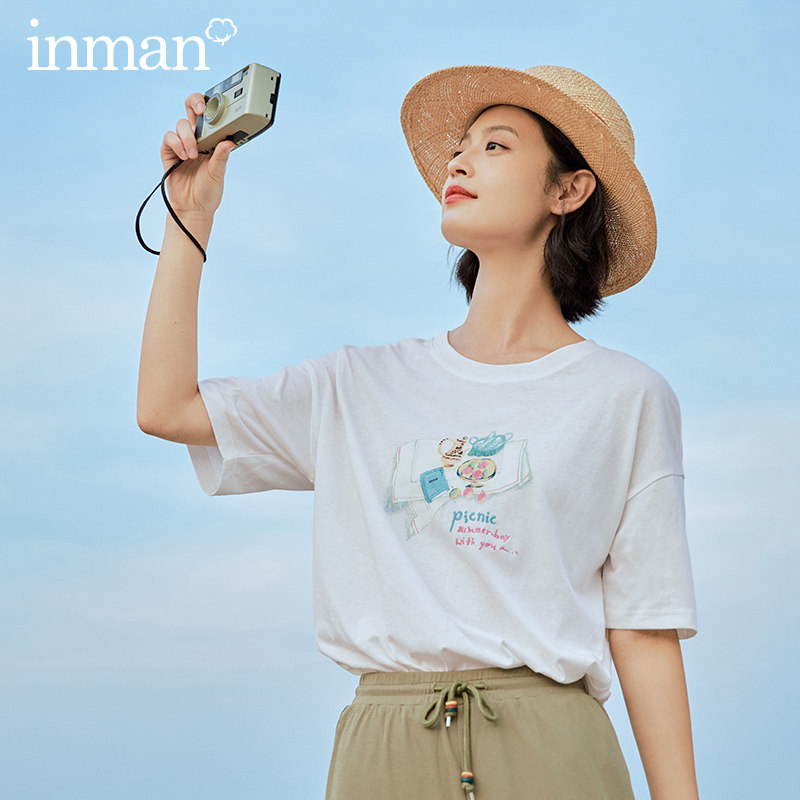 茵曼旗舰店2020年新款夏季短袖t恤 茵曼翰飞T恤