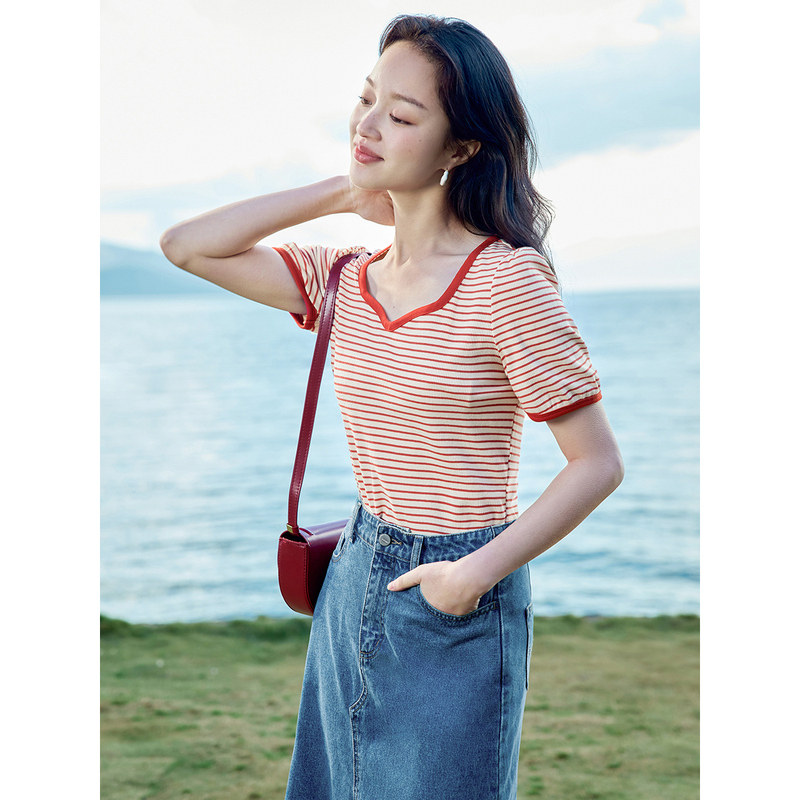 茵曼旗舰店田园休闲条纹女2023 t恤 茵曼翰飞T恤