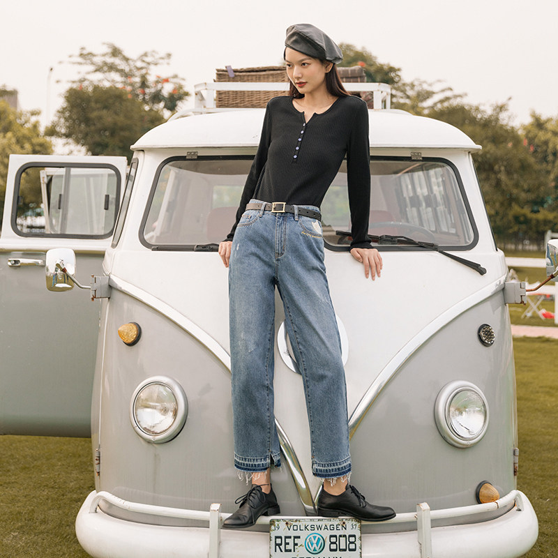 茵曼旗舰店早秋款茵蔓九分牛仔裤 茵曼翰飞牛仔裤