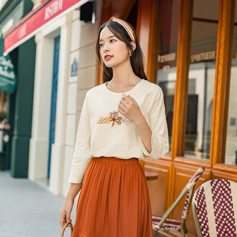 茵曼2020年夏季新款七分袖打底衫 茵曼翰飞T恤