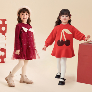 女童红色公主连衣裙新年冬装礼服