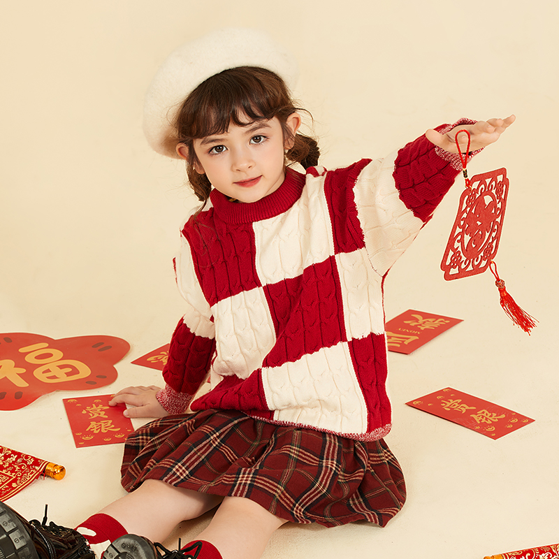 [抗菌抗起球]儿童毛衣秋冬男童宝宝红色针织衫新年衣服女童打底衫
