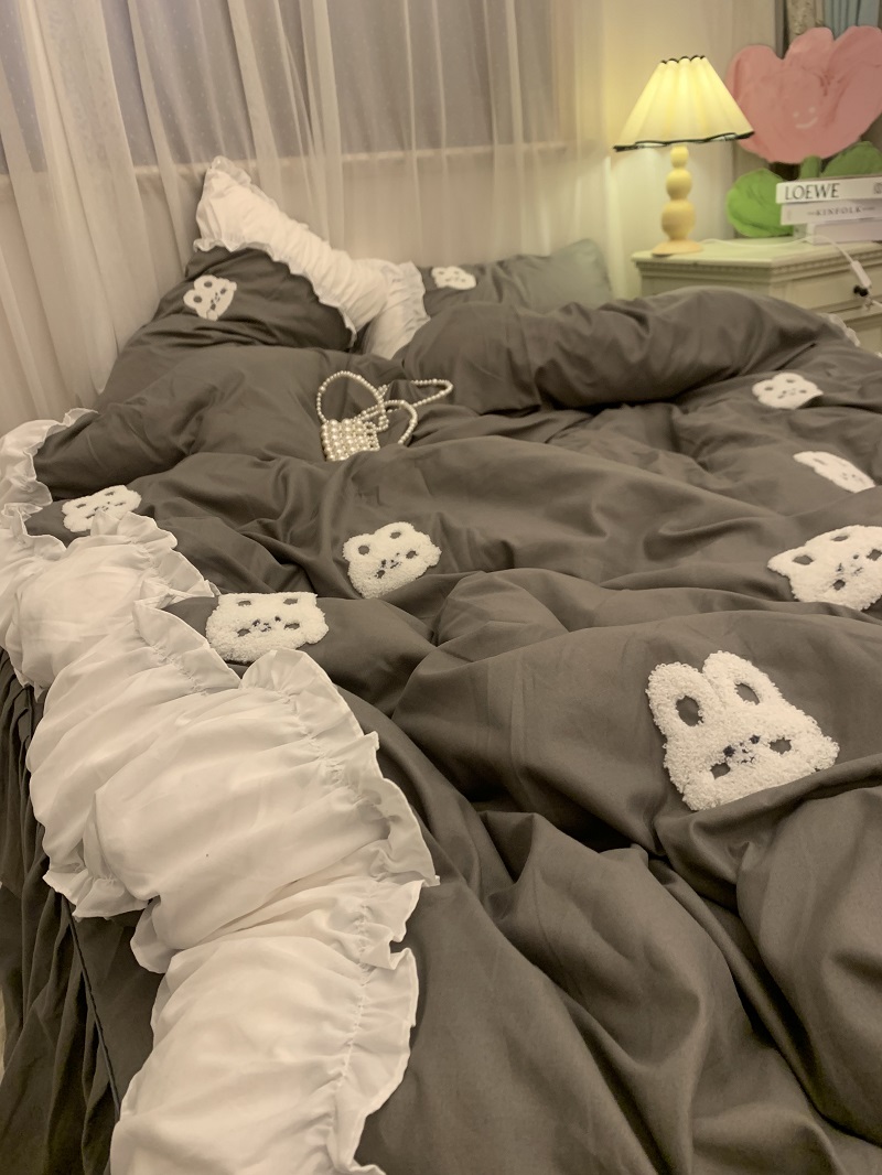 ins灰色水洗棉刺绣公主风被罩床上四件套学生床单三件套少女心1.5