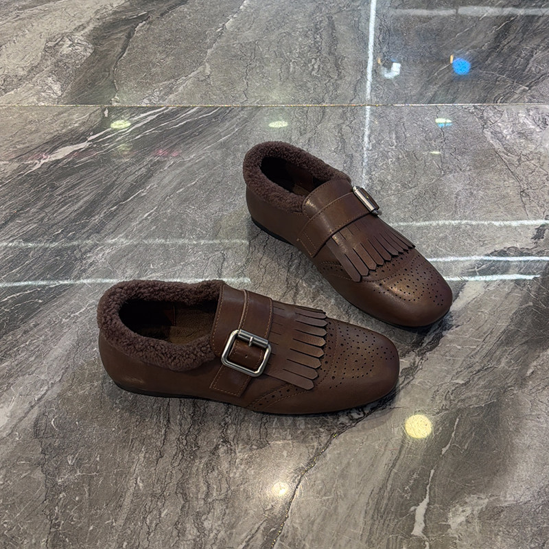 真皮方头加绒英伦小皮鞋女2025冬新款复古流苏布洛克鞋雕花单鞋潮,淘宝优惠券,粉丝福利购,淘宝优惠卷