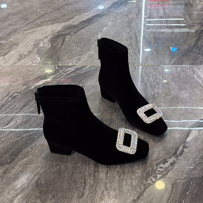 闪亮水钻~绒面厚底个性瘦瘦靴女2025冬新款后拉链百搭方扣时装靴,淘宝优惠券,粉丝福利购,淘宝优惠卷