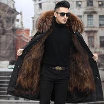New warm Korean version to overcome male removable liner Winter in long lengthened imitation leather straw mens big coat jacket