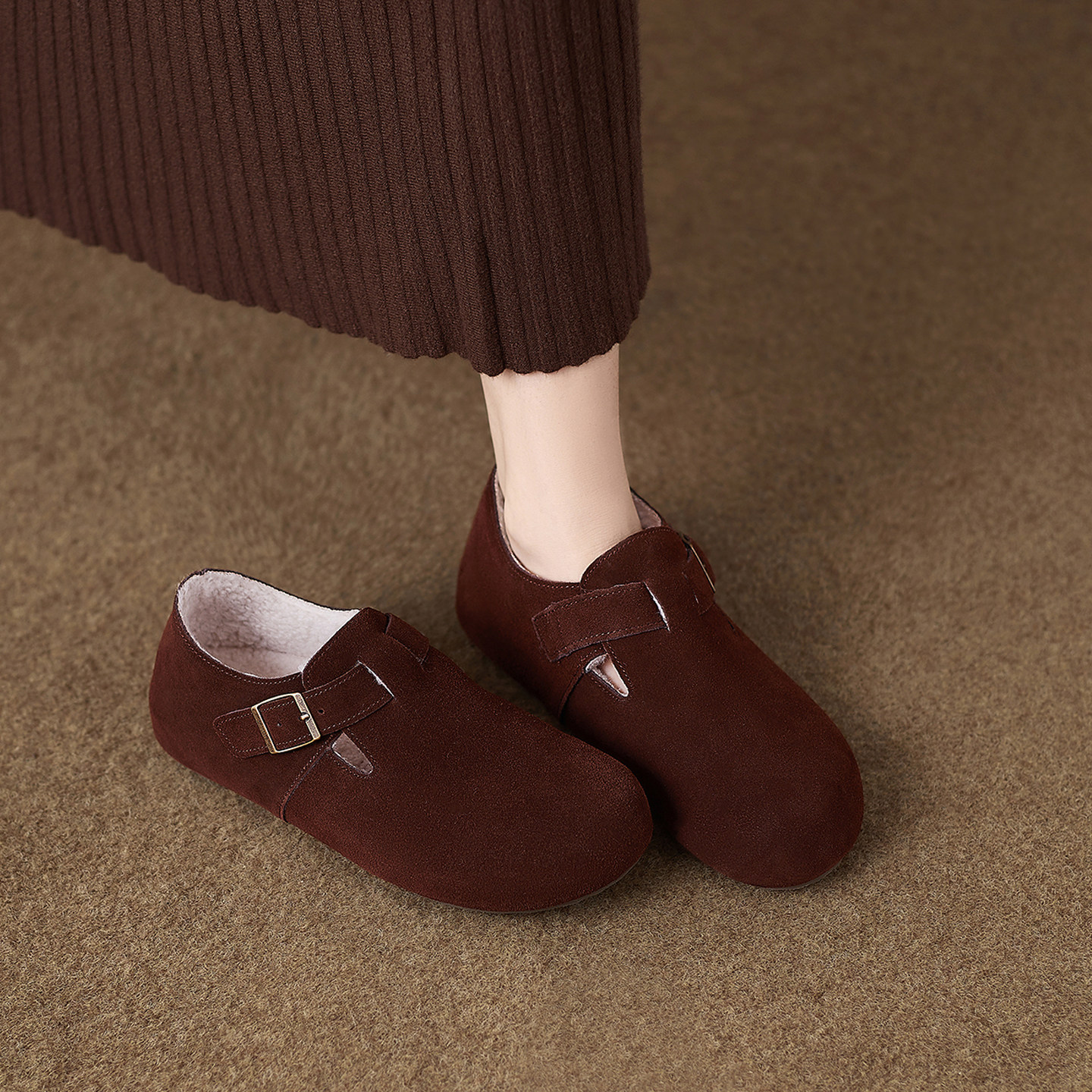 羊皮版巨好看平底加绒毛毛勃肯鞋女2025秋冬季新款脚蹬内增高单鞋,淘宝优惠券,粉丝福利购,淘宝优惠卷