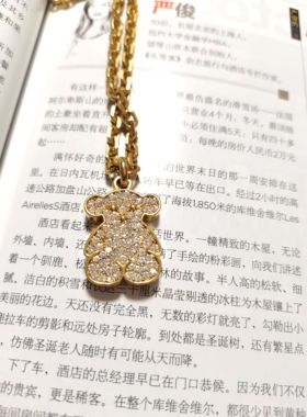 优品饰品金黄水晶镶嵌双面小熊泰迪熊项链