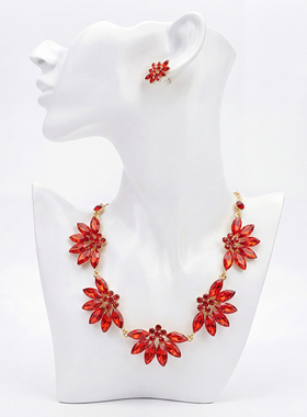 欧美时尚新娘项链耳环两件套 红色水晶首饰 气质百搭高级感套装女