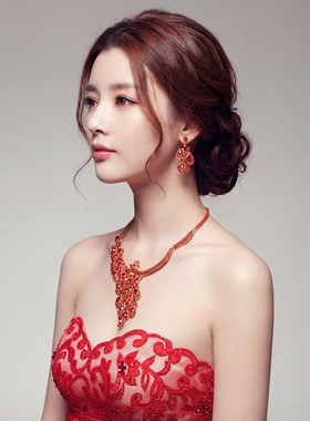 轻奢新娘水晶项链套装 红宝石吊坠耳环 欧美风礼服宴会锁骨链配饰